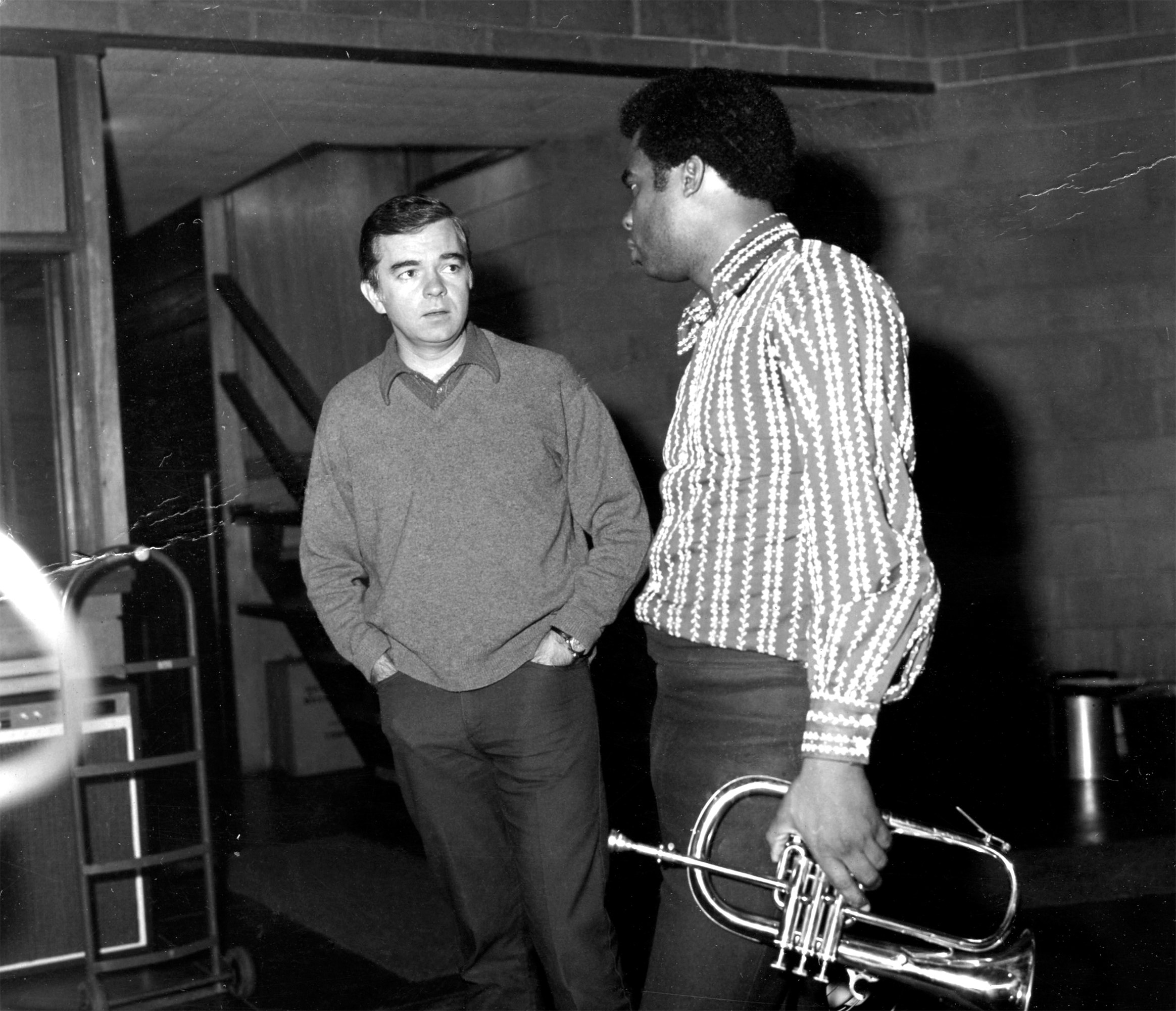 Creed Taylor with Freddie Hubbard during the recording of <i>Straight Life</i>, November 1970. Photo by Chuck Stewart.